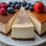 Three types of cheesecake displayed