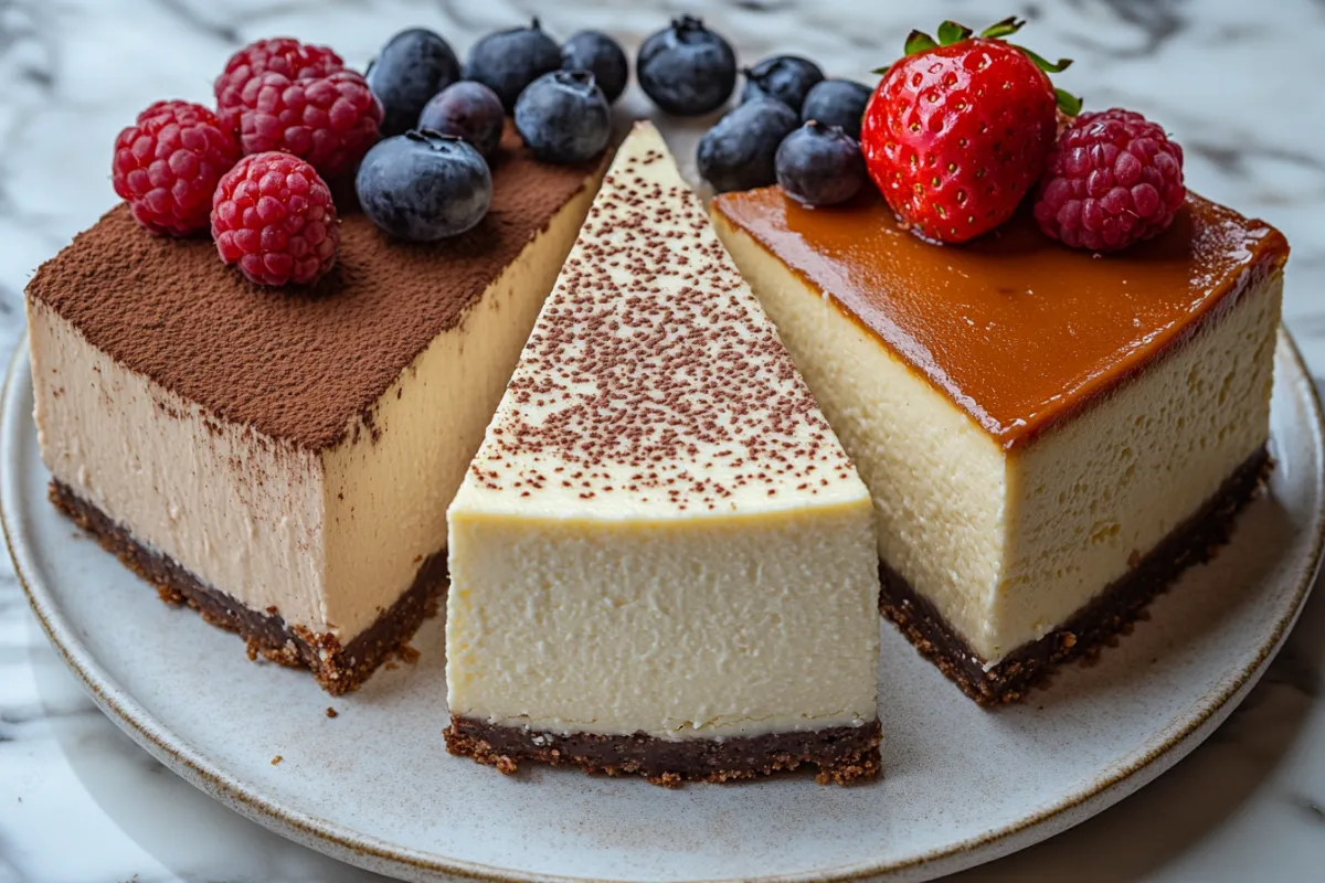 Three types of cheesecake displayed