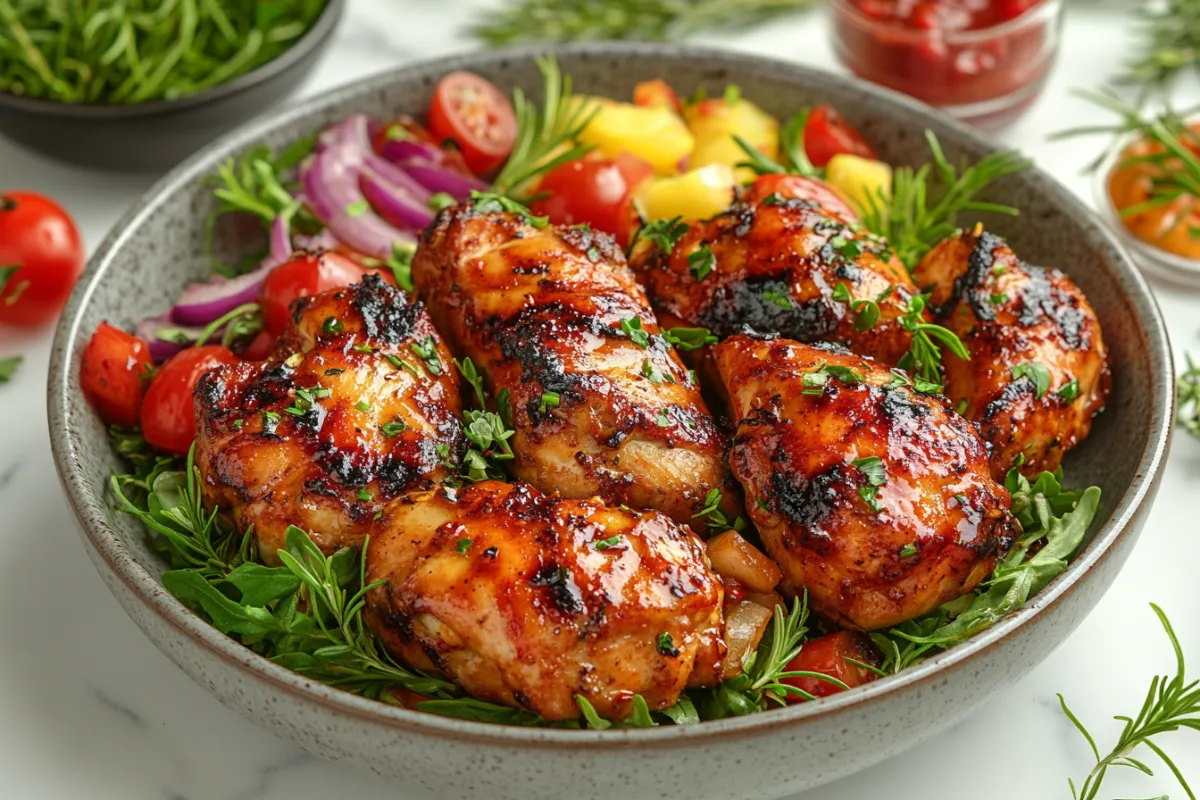 Alice Springs chicken with sides on a plate