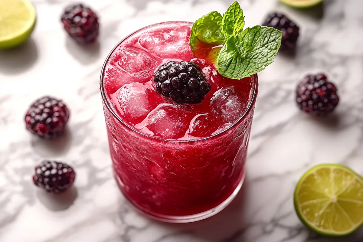 Blackberry margarita with fresh berries and lime garnish