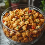 Close-up of oven-baked chex mix recipe oven on a tray