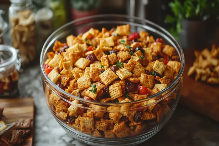 Close-up of oven-baked chex mix recipe oven on a tray