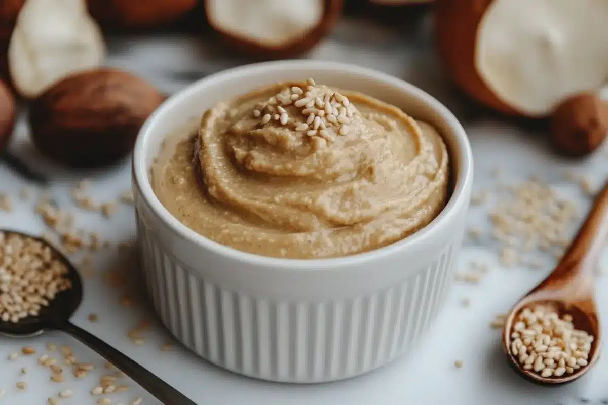 Creamy tahin paste in a bowl with sesame seeds.