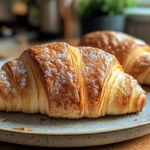 A flaky croissant breakfast served with fresh fruit and coffee