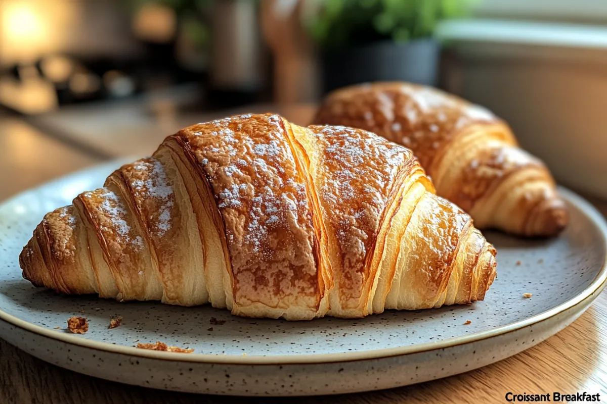 A flaky croissant breakfast served with fresh fruit and coffee