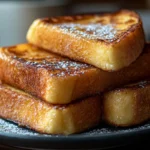 Flaky croissant french toast breakfast served with fresh berries