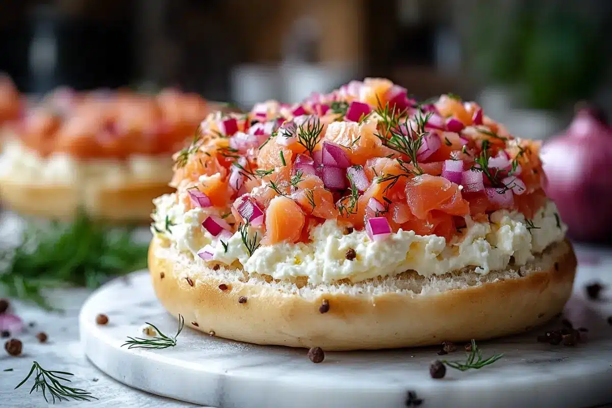 Lox bagel with dill and red onion