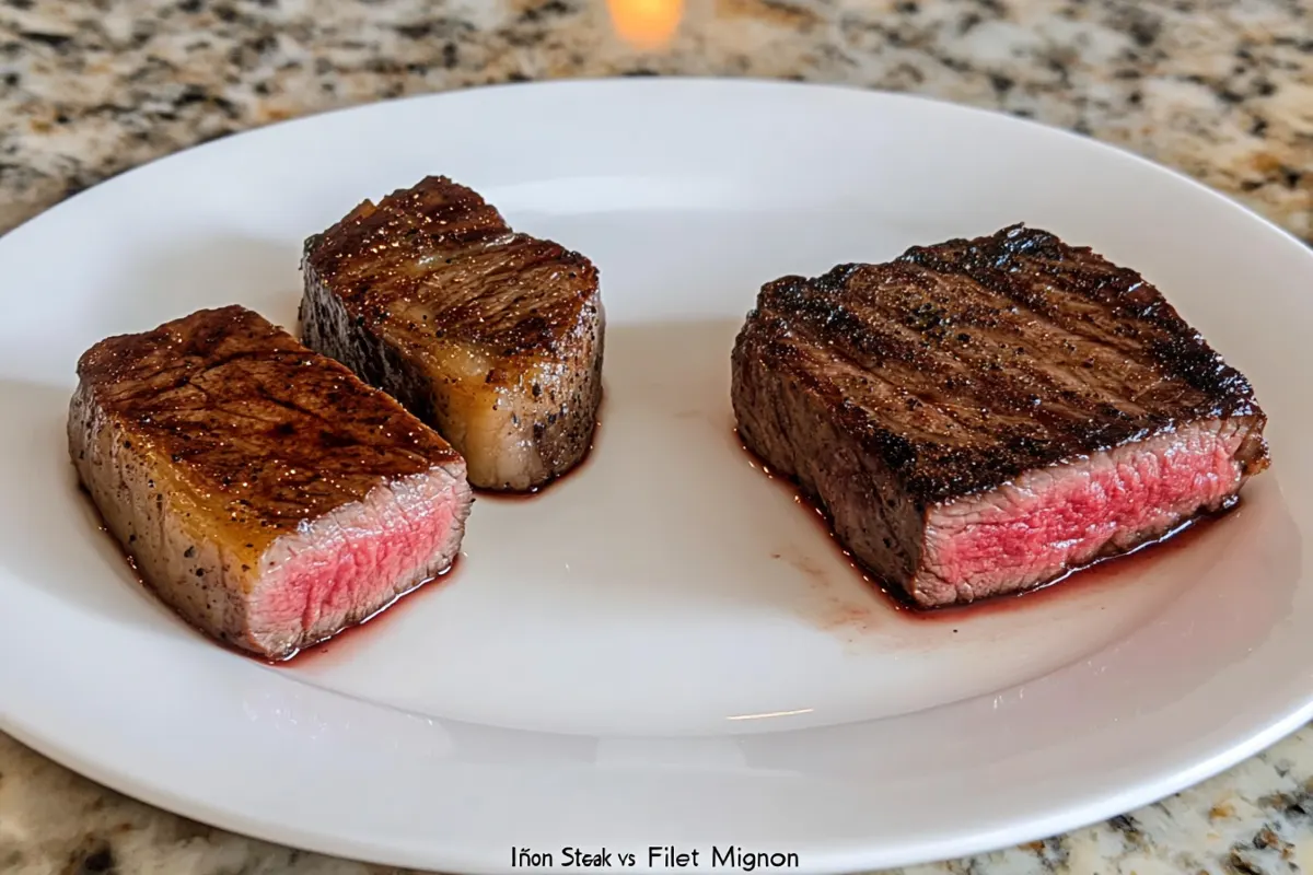 Flat iron steak vs filet mignon on a wooden board.