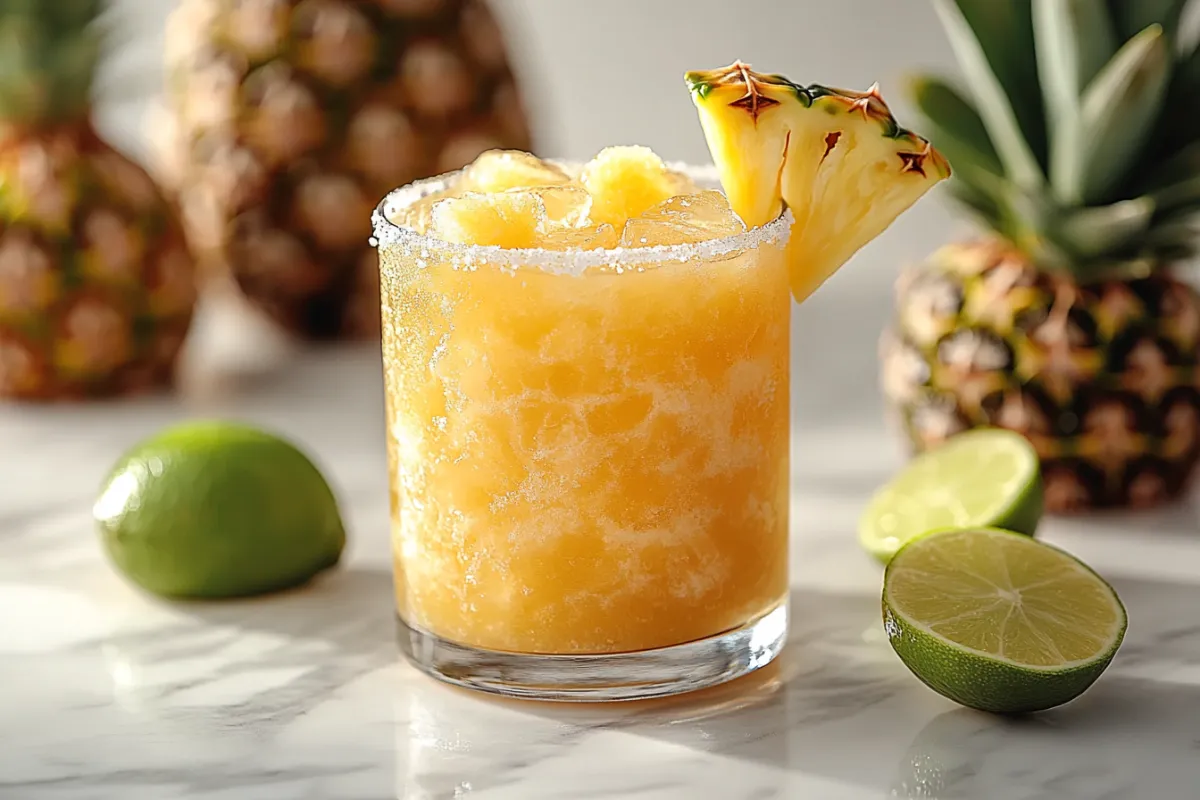 Naturally pineapple margarita in a glass with fresh ingredients.