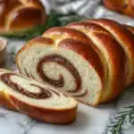 Sourdough cinnamon swirl bread with golden crust and spirals.