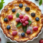 Sourdough French toast casserole on marble with berries.