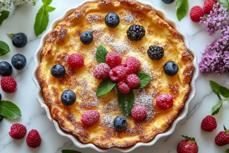 Sourdough French toast casserole on marble with berries.