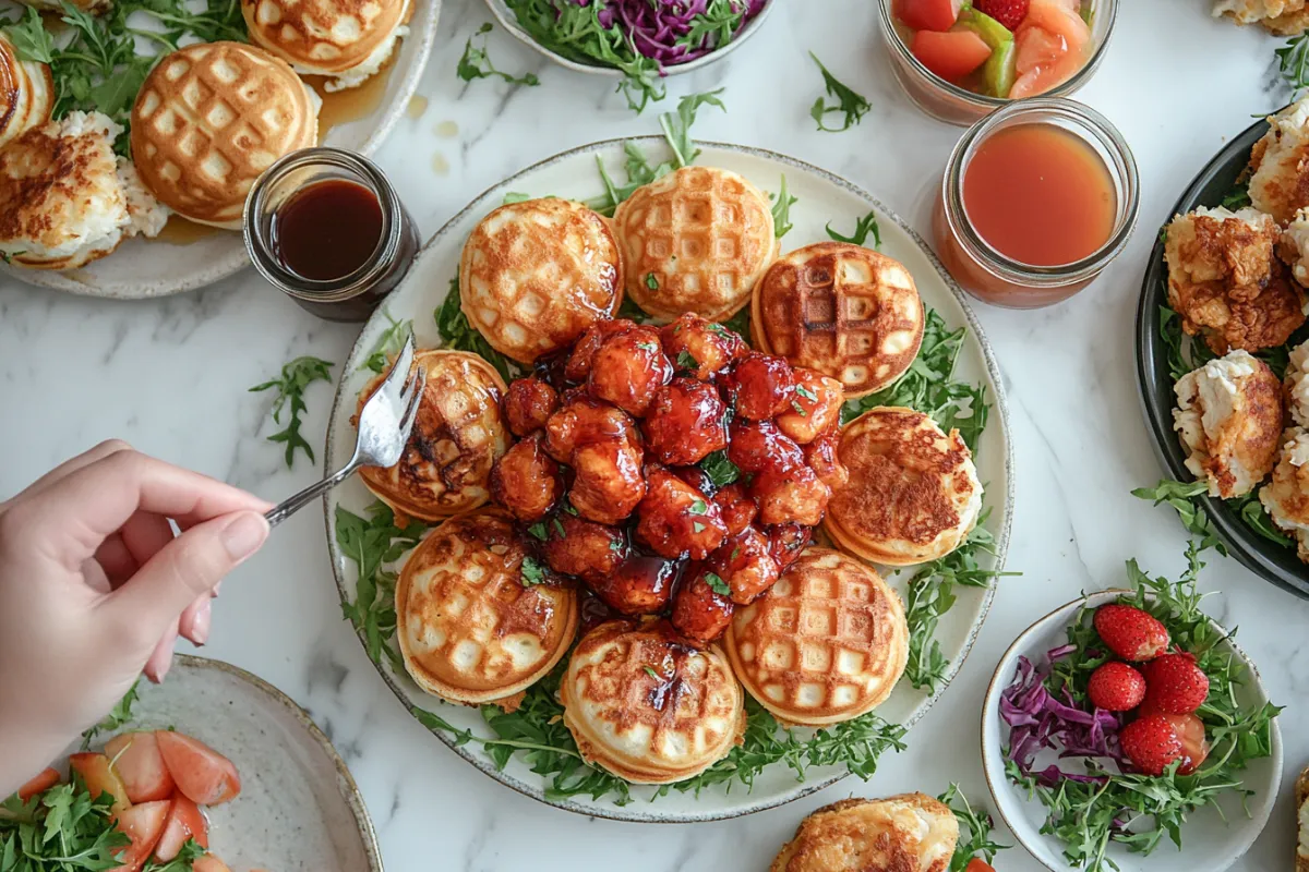 Assembling chicken and waffle sliders