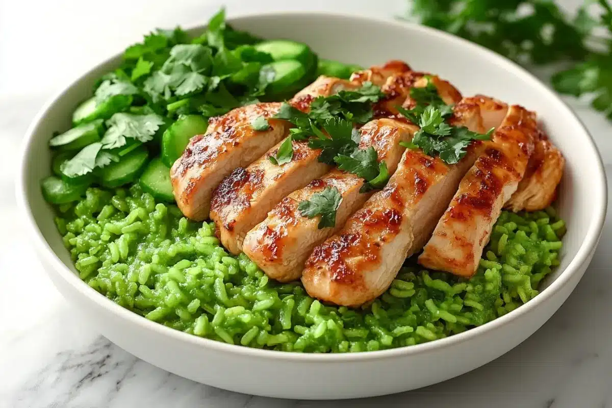 Peruvian arroz con pollo served in a white bowl.