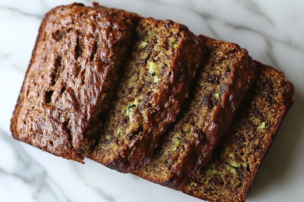 Naturally rubbery zucchini bread slice showing dense texture.