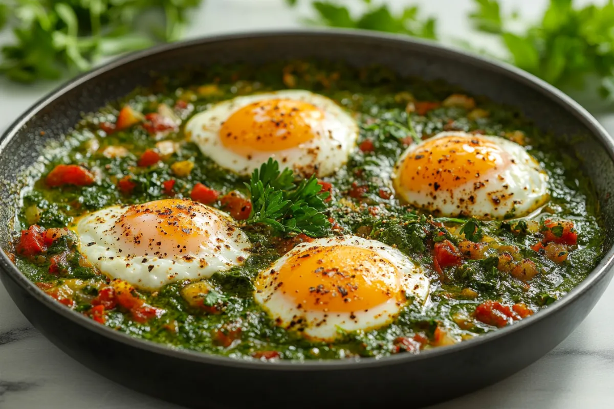 Green shakshuka stonesoup with fresh herbs and poached eggs.