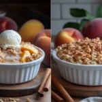 Difference between a peach crumble and a peach crisp with a close-up of their distinct toppings.