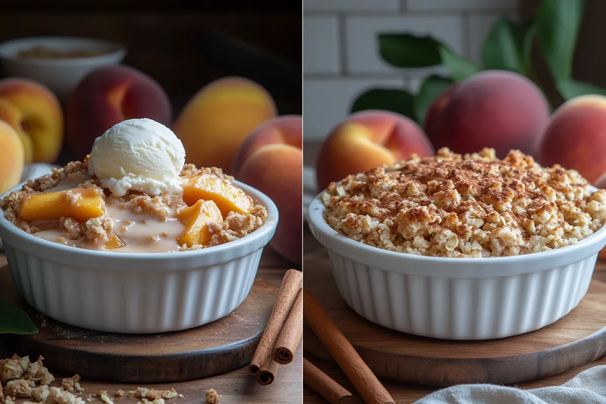 Difference between a peach crumble and a peach crisp with a close-up of their distinct toppings.