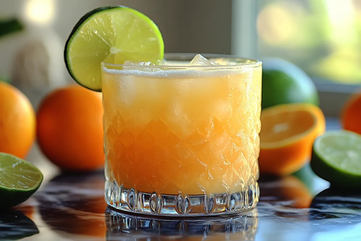 Skinny margarita served in a salt-rimmed glass with lime slices.