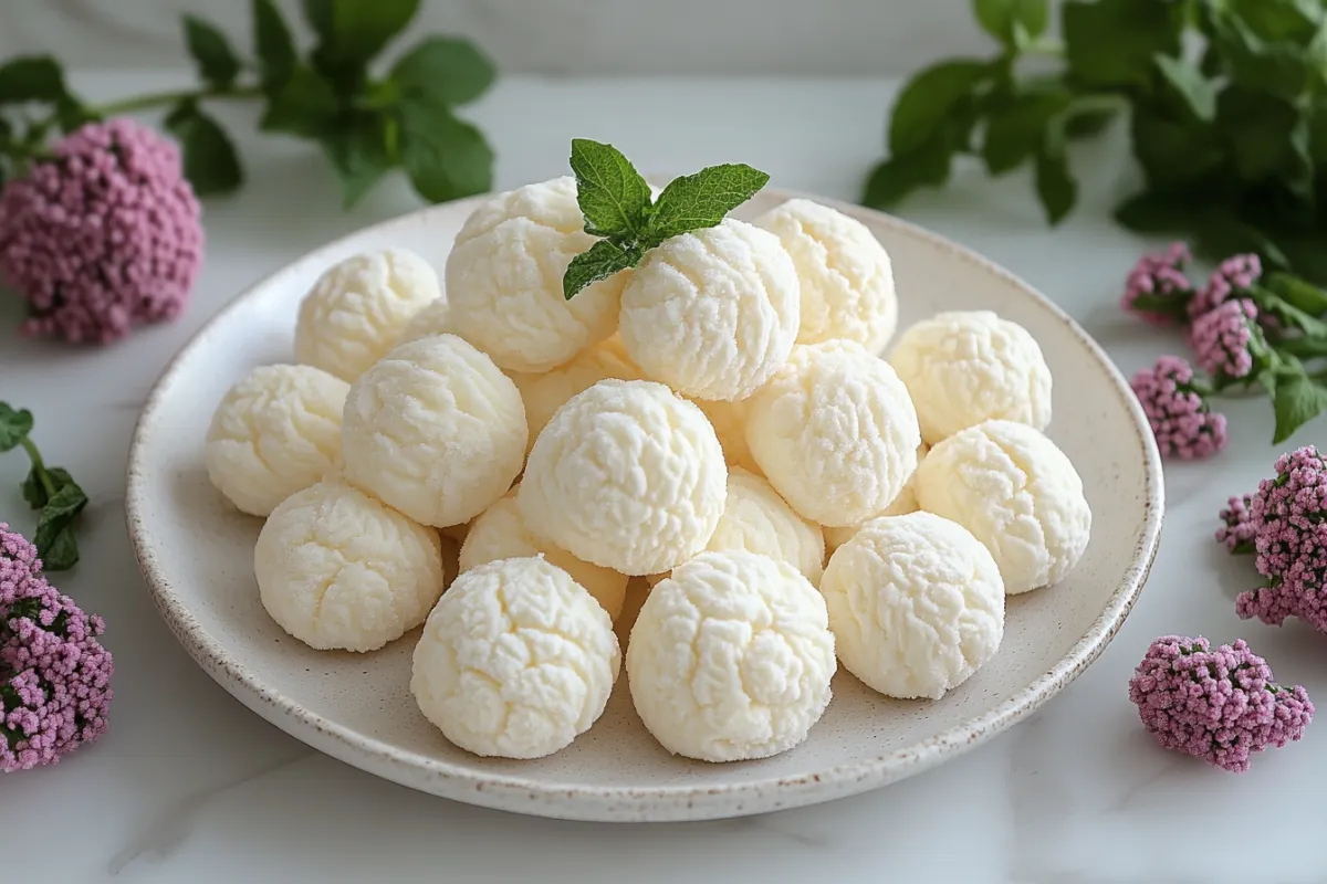 Frozen cream puffs on plate