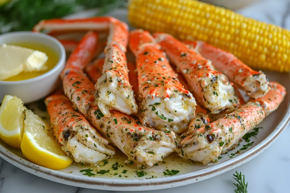 Snow crab legs with butter, lemon