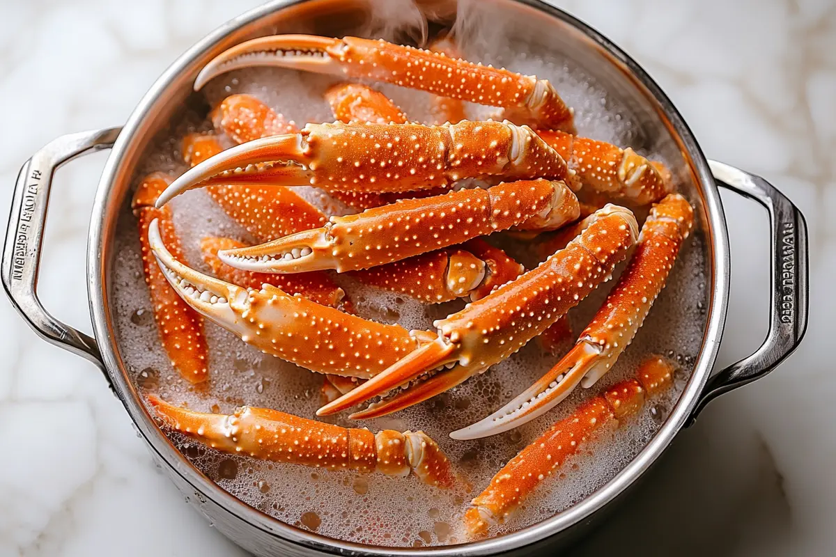 Steamed snow crab legs in pot